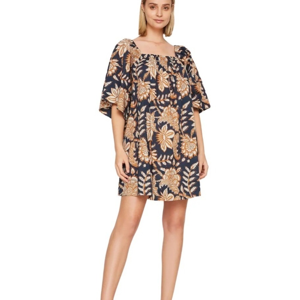 Figue Batik Floral Piper Dress Navy Cotton Mini Flare Flutter Sleeve Square Neck
